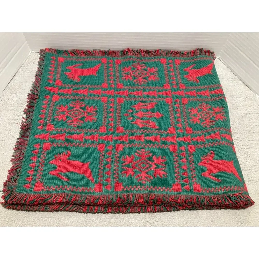 Christmas Tapestry Red Green Woven Table Runner 15x70 Reindeer Snowflake Vintage